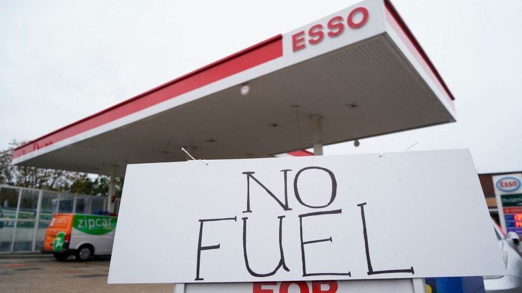 Esso Petrol station with "No fuel" sign in Streatham Hill, in south London
