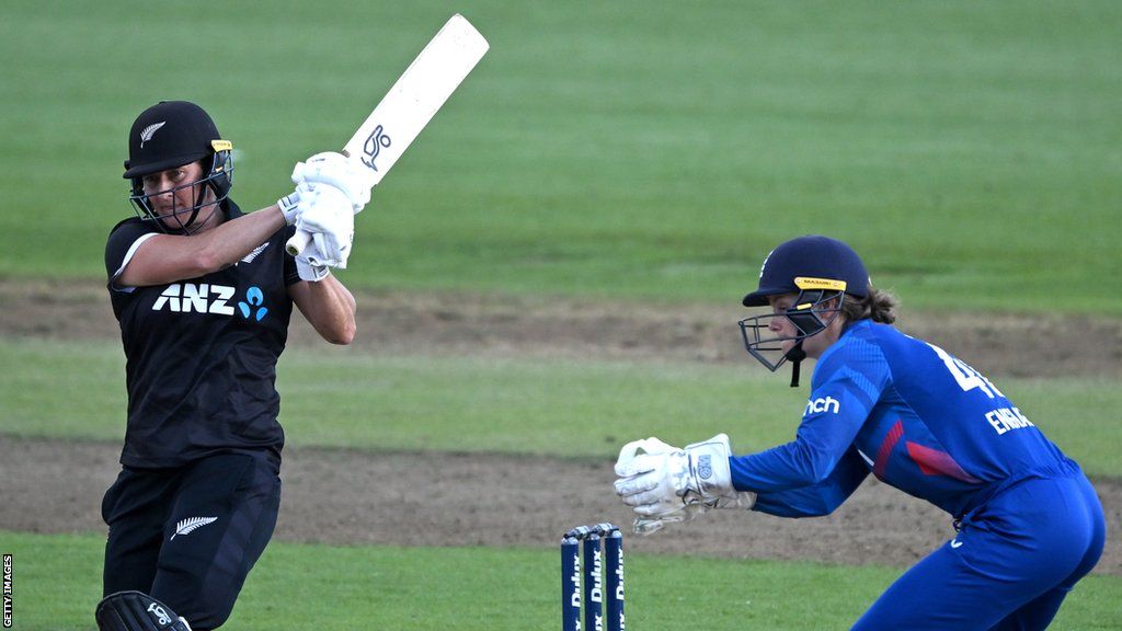 New Zealand's Sophie Devine plays a shot against England in the third one-day international