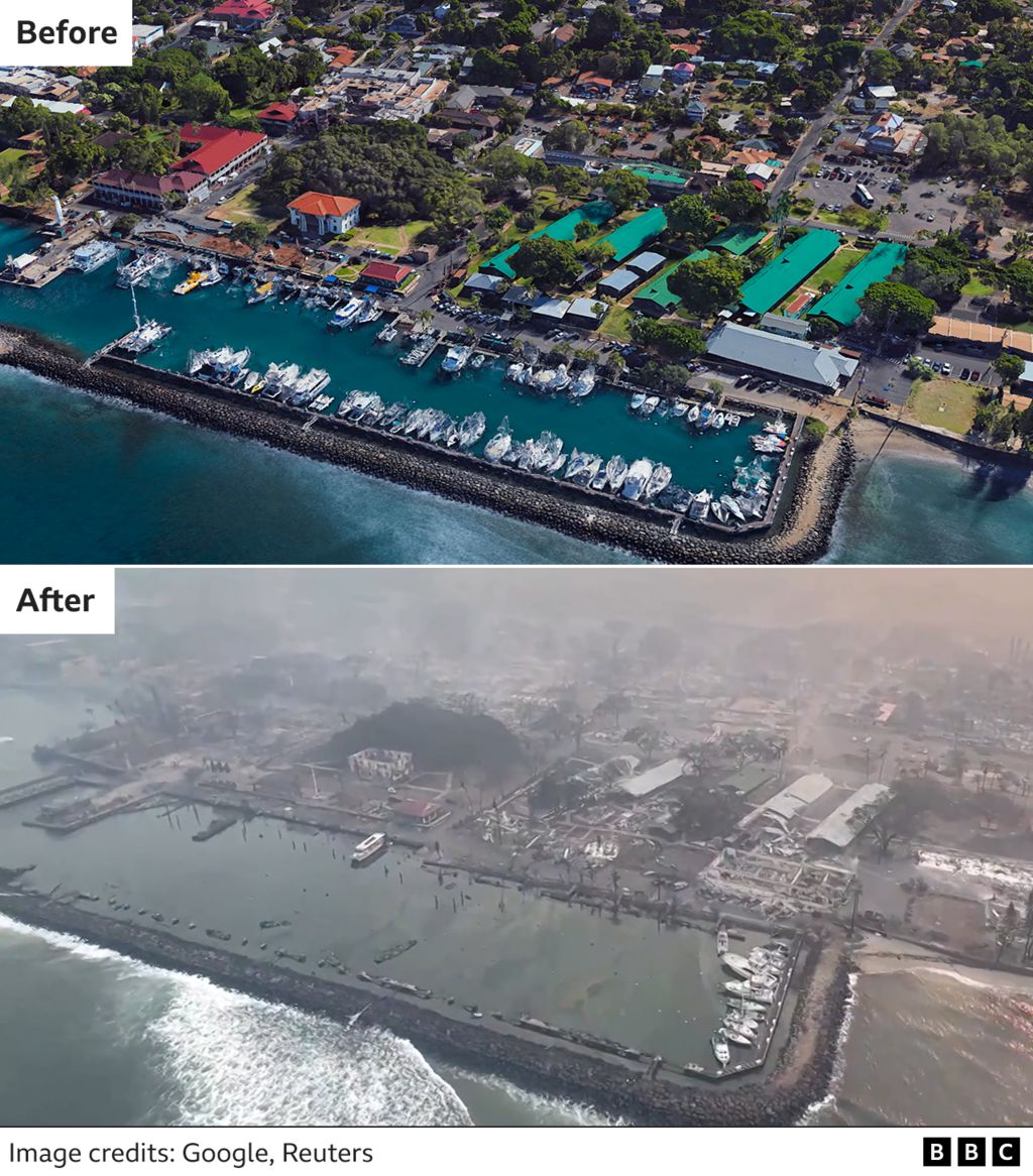 Before and after images showing Lahaina's harbour