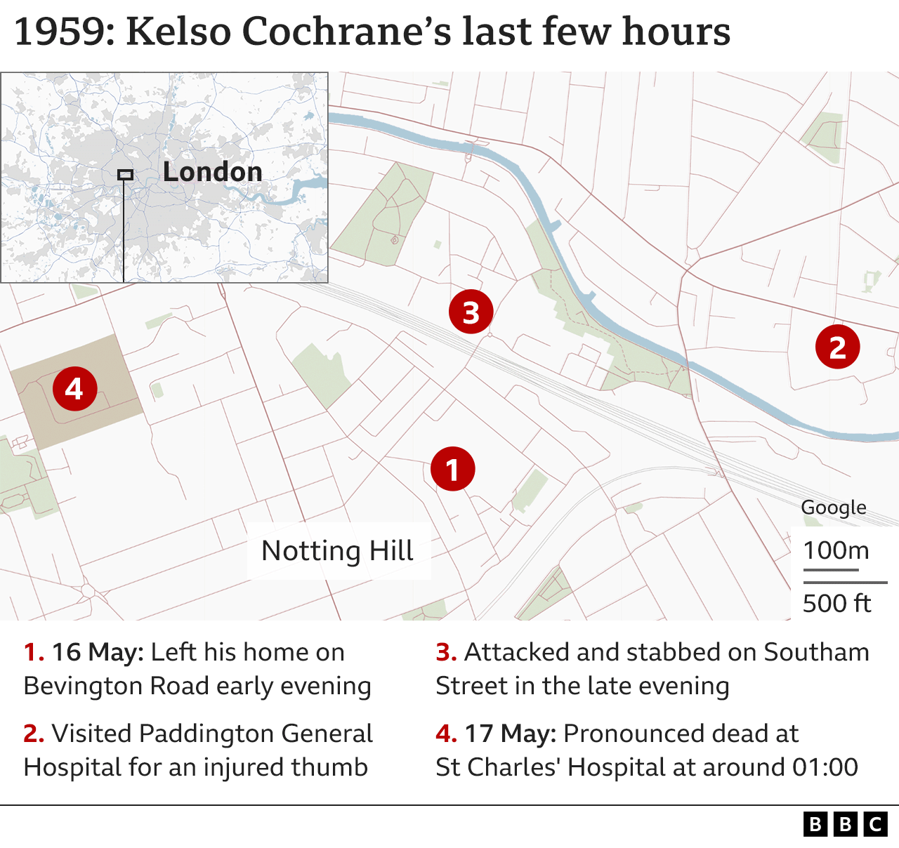 Map of West London highlighting Cochrane's house, and where he was killed, a few streets away