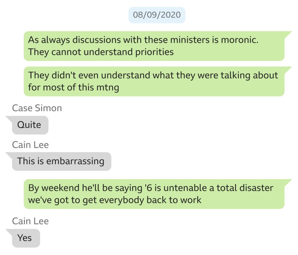 A screengrab of messages shown to the Covid-19 public inquiry, and explained above