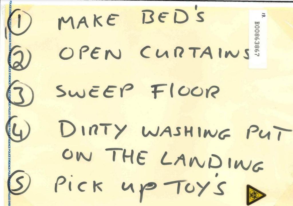 The rules on Alfie's bedroom door reading: Make bed. Open curtains. Sweep floor. Dirty washing put on the landing. Pick up toys.