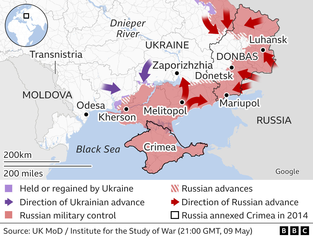 Map showing the Russian military advance into Ukraine in the south
