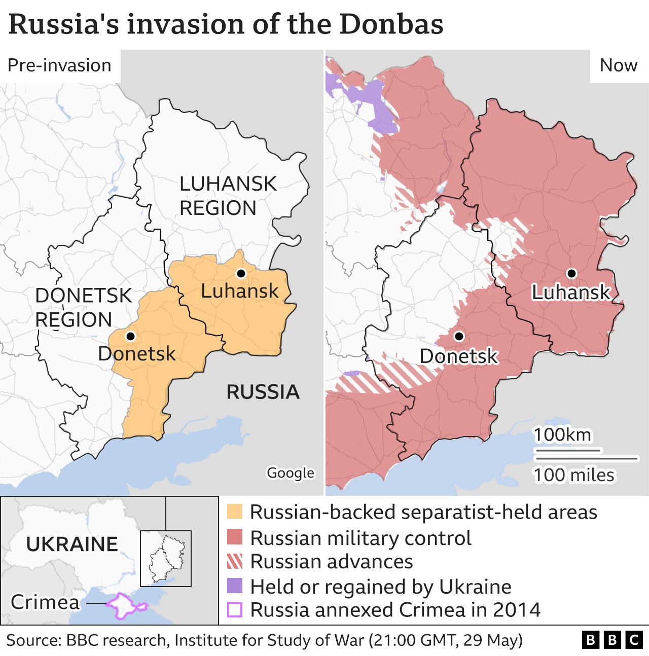 Maps showing the Donbas region before and after the Russian invasion