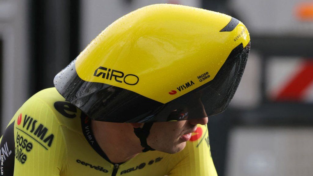 Tim van Dijke wearing Visma-Lease A Bike's new time trial helmet design which has a huge leading edge