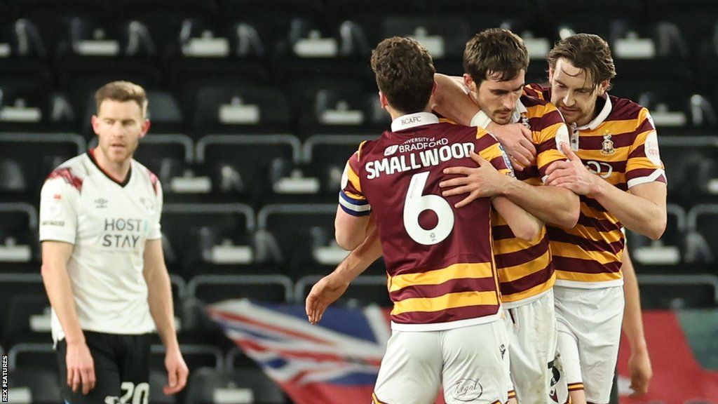 Bradford City celebrate against Derby County in the EFL Trophy