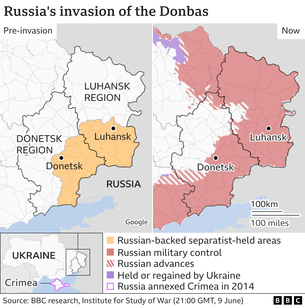 Map showing Donbas region before and after invasion, updated 10 June
