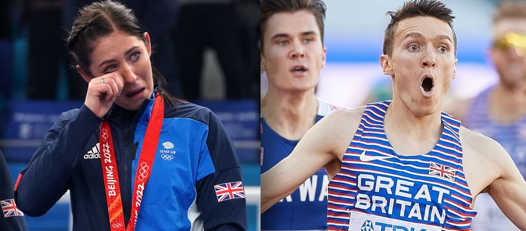 Eve Muirhead with her Olympic gold medal, and Jake Wightman as he crosses the line to become 1500m world champion