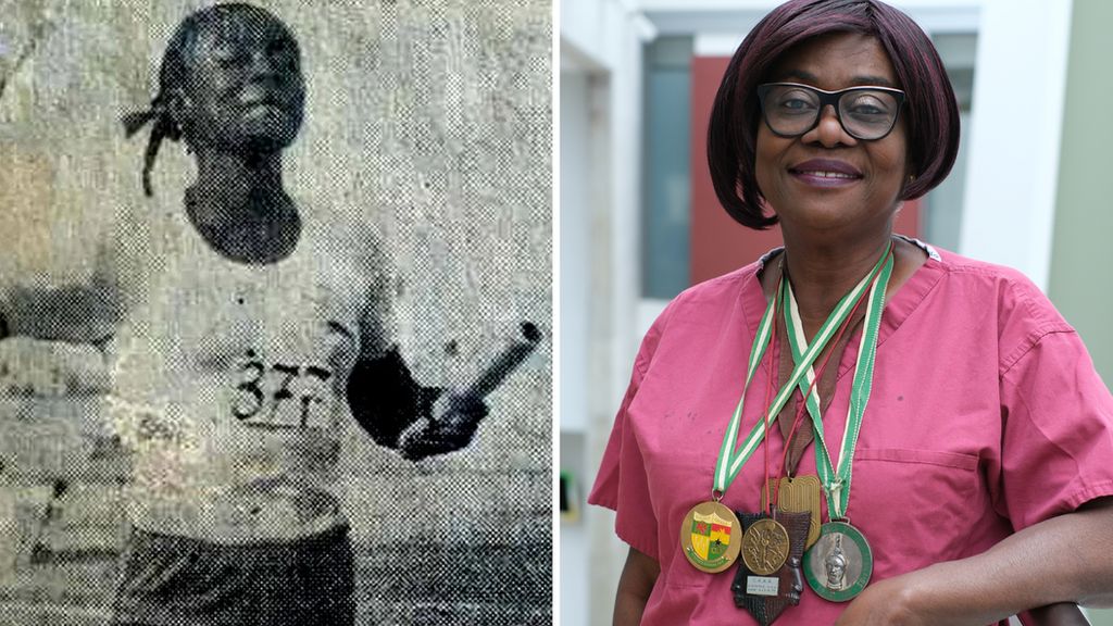 Rose Amankwaah in her sprinting days, and in her NHS uniform with her running medals