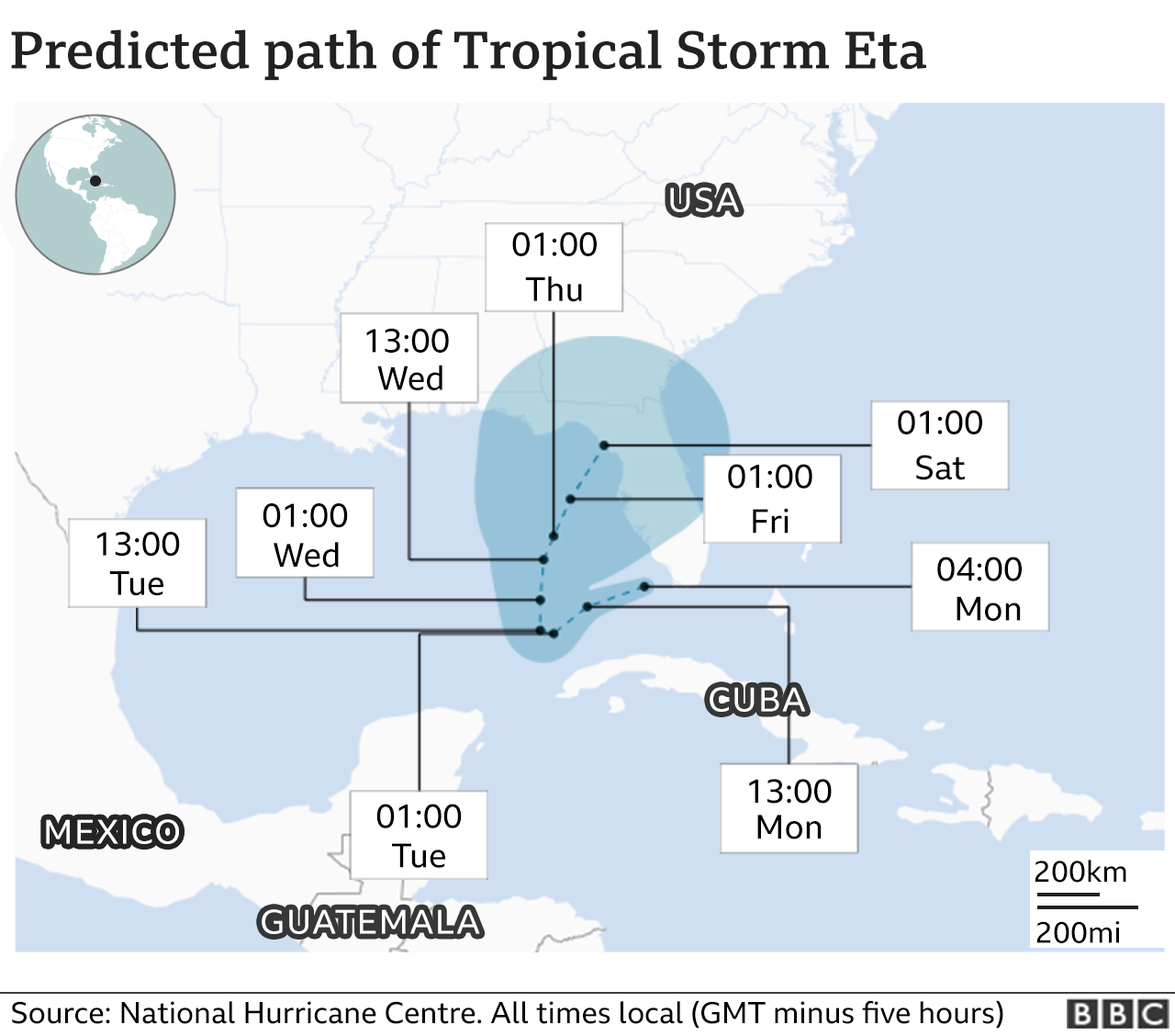 Map of Storm Eta's path