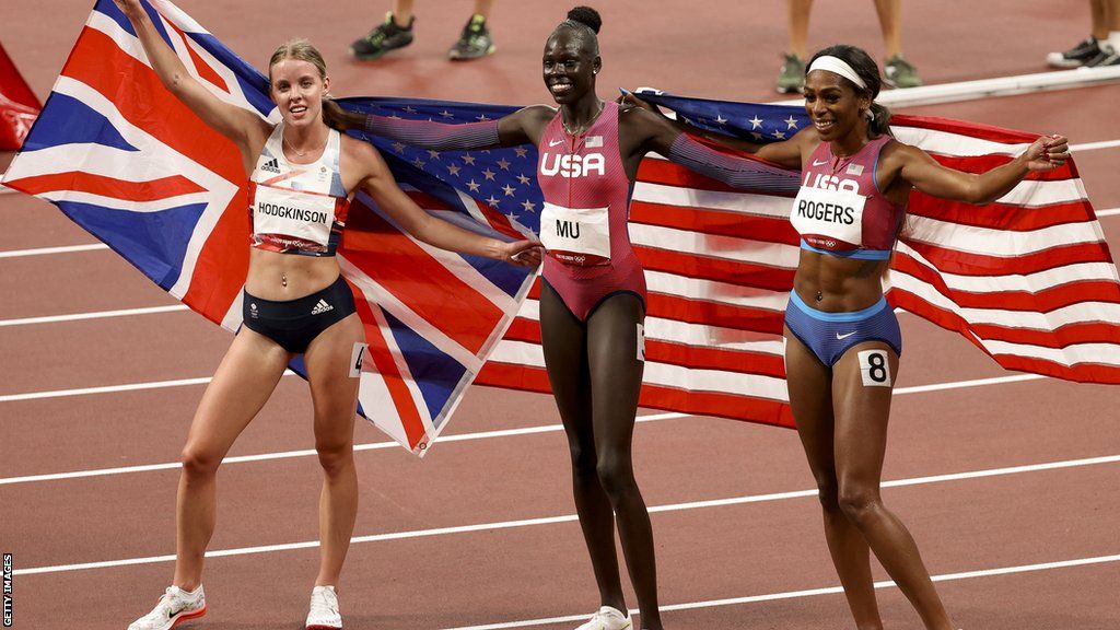 Women's 800m medallists at the Tokyo Olympics, left to right: Keely Hodgkinson, Athing Mu and Raevyn Rogers