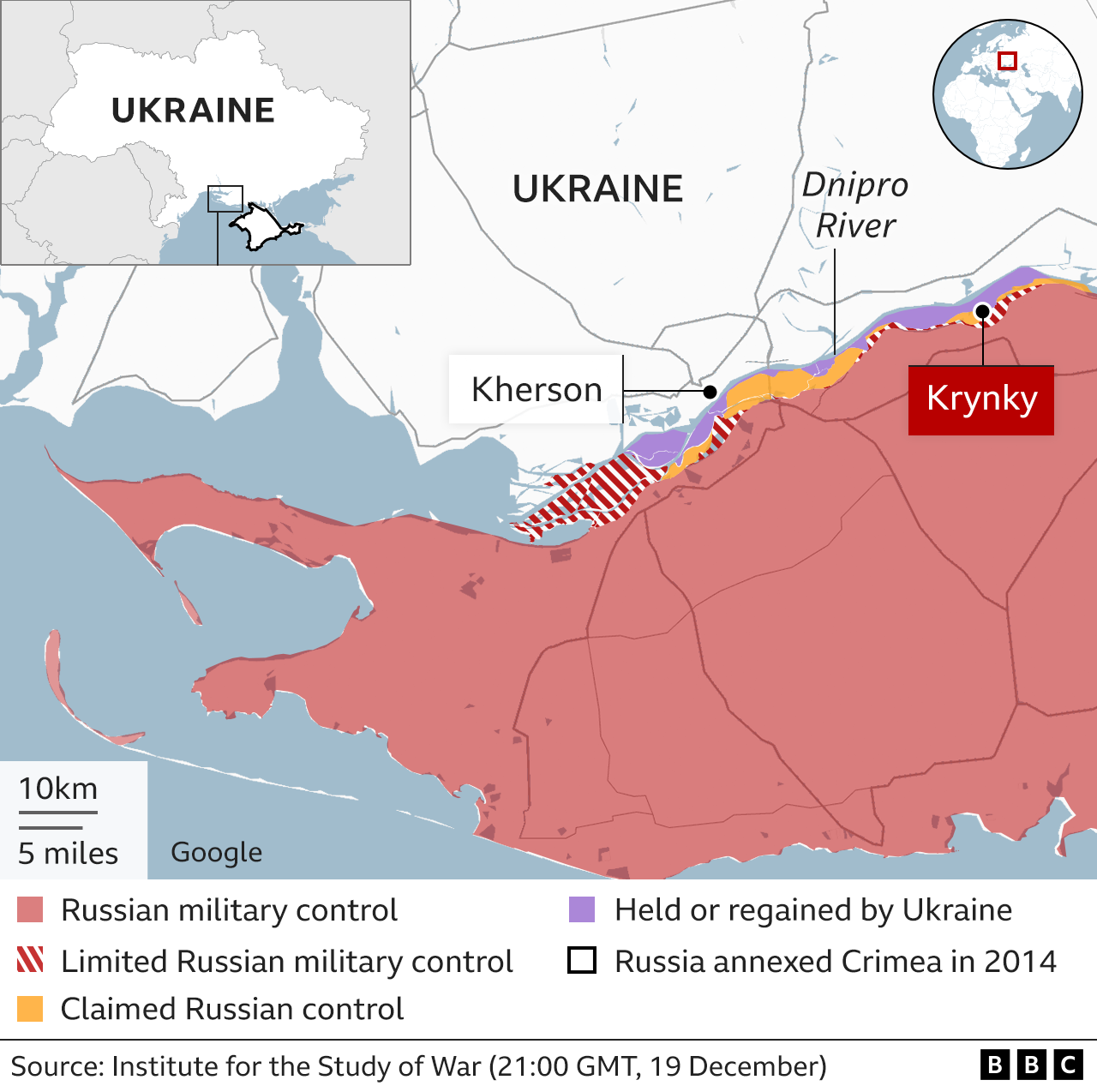 Map highlighting where Ukrainian and Russian forces are around Krynky and Kherson, southern Ukraine