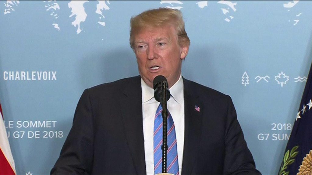 President Donald Trump addresses reporters at G7 summit