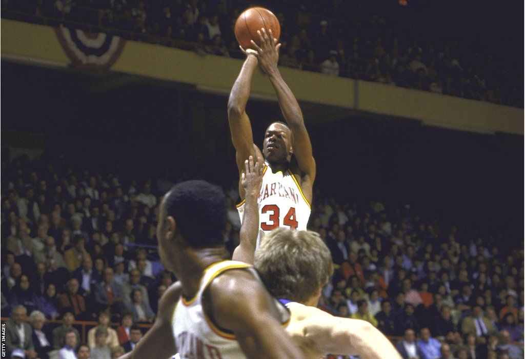 Len Bias shoots while playing for the University of Maryland