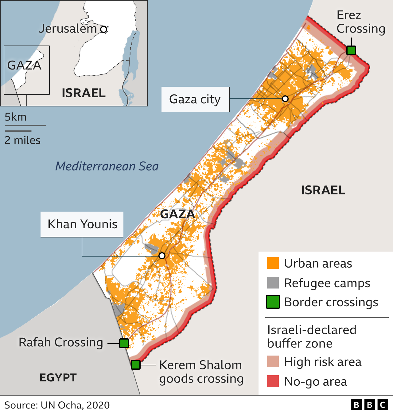 Map of Gaza, showing urban areas, refugee camps and border crossing between Gaza, Israel and Egypt. The map also shows the buffer zone declared by Israel