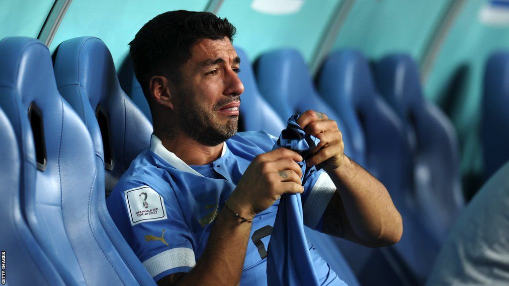 Luis Suarez reacts to Uruguay's elimination from the World Cup