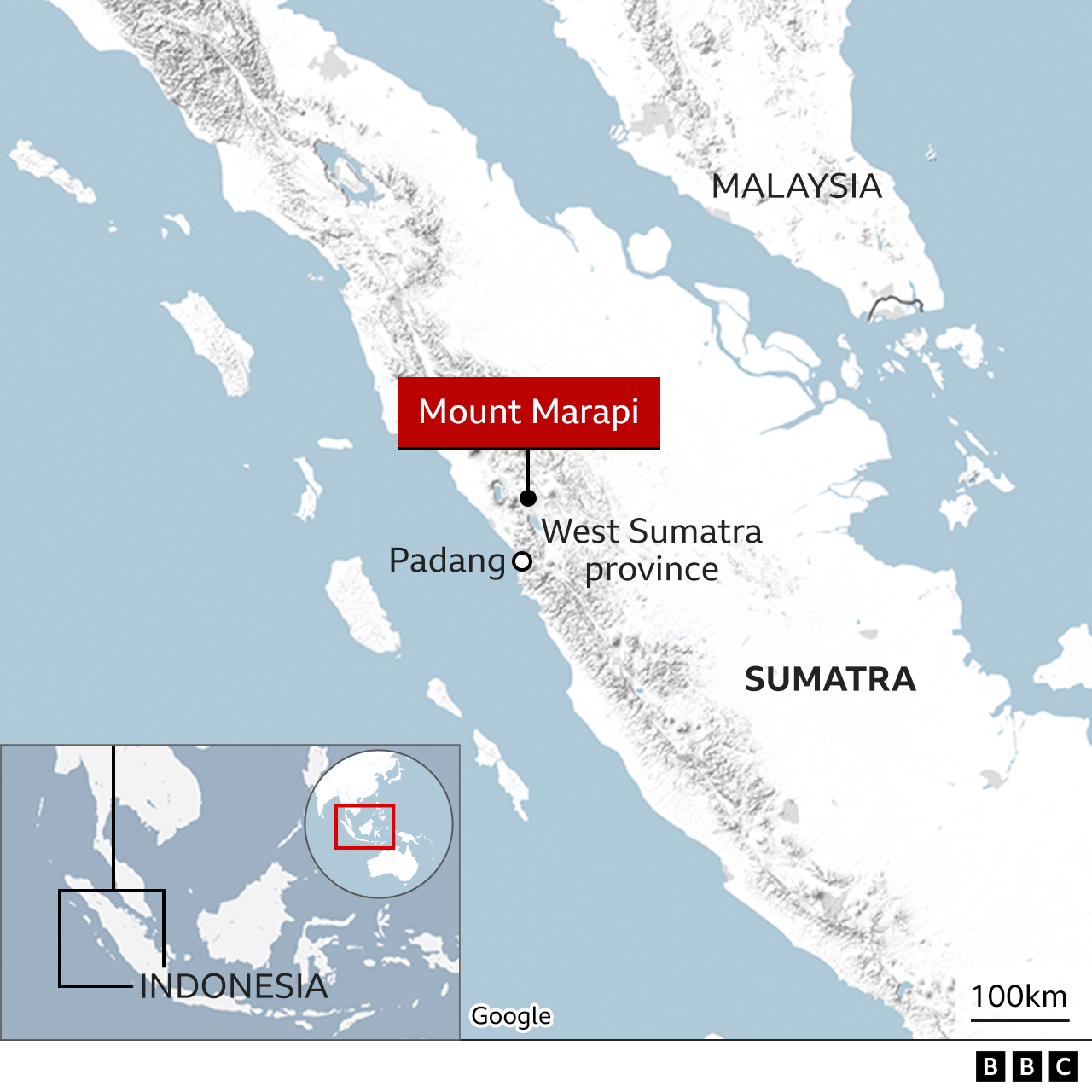 Map showing location of Mount Marapi in Sumatra