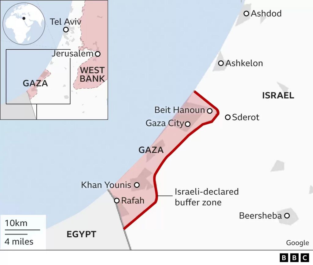 Mapa mostrando Gaza e o sul de Israel