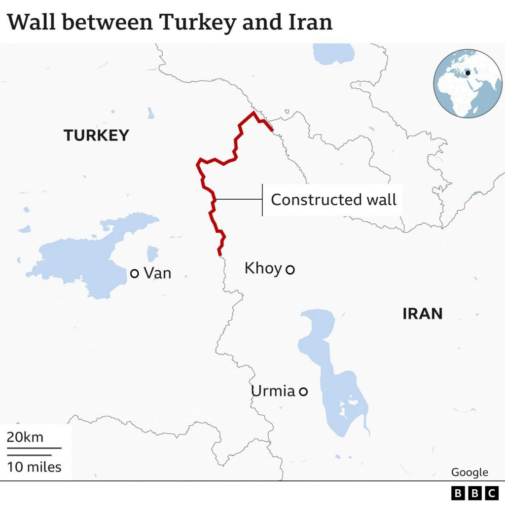 Harta tregon sesi muri kufitar shtrihet më shumë se gjysmën e gjatësisë së kufirit të Turqisë me Iranin