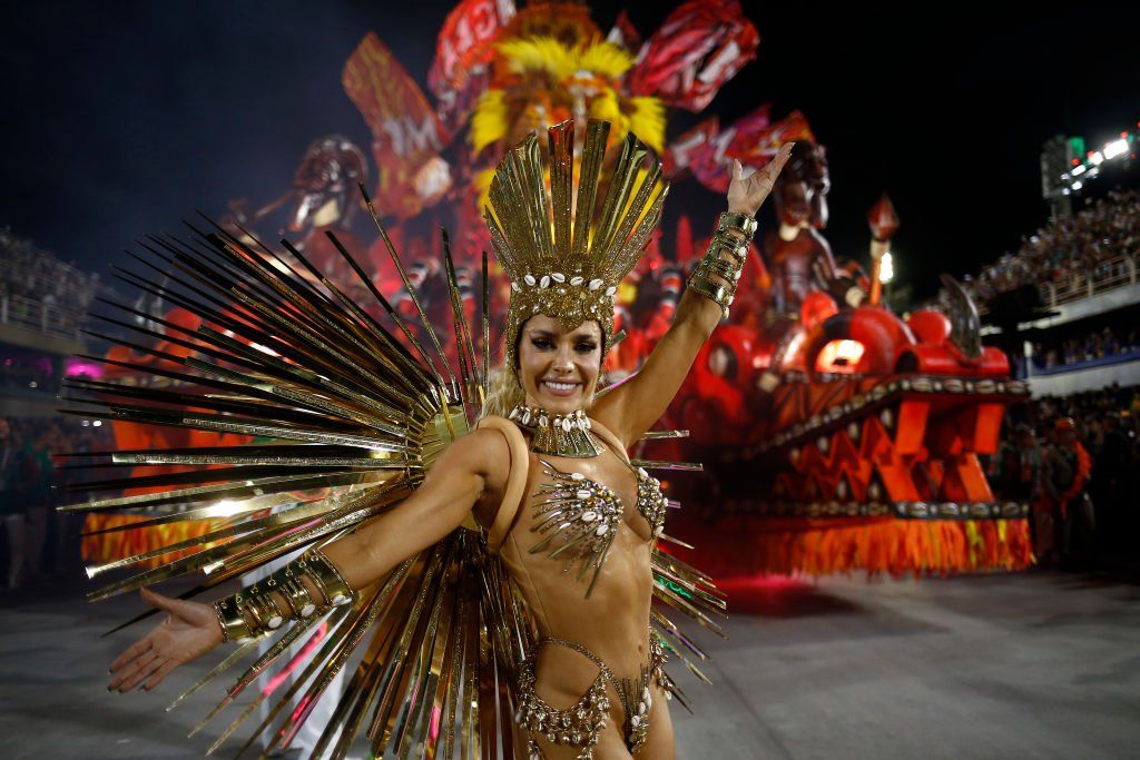 A dancer poses from the Grande Rio school poses at the Sapucai Sambodrome on April 24, 2022 in Rio de Janeiro, Brazil.