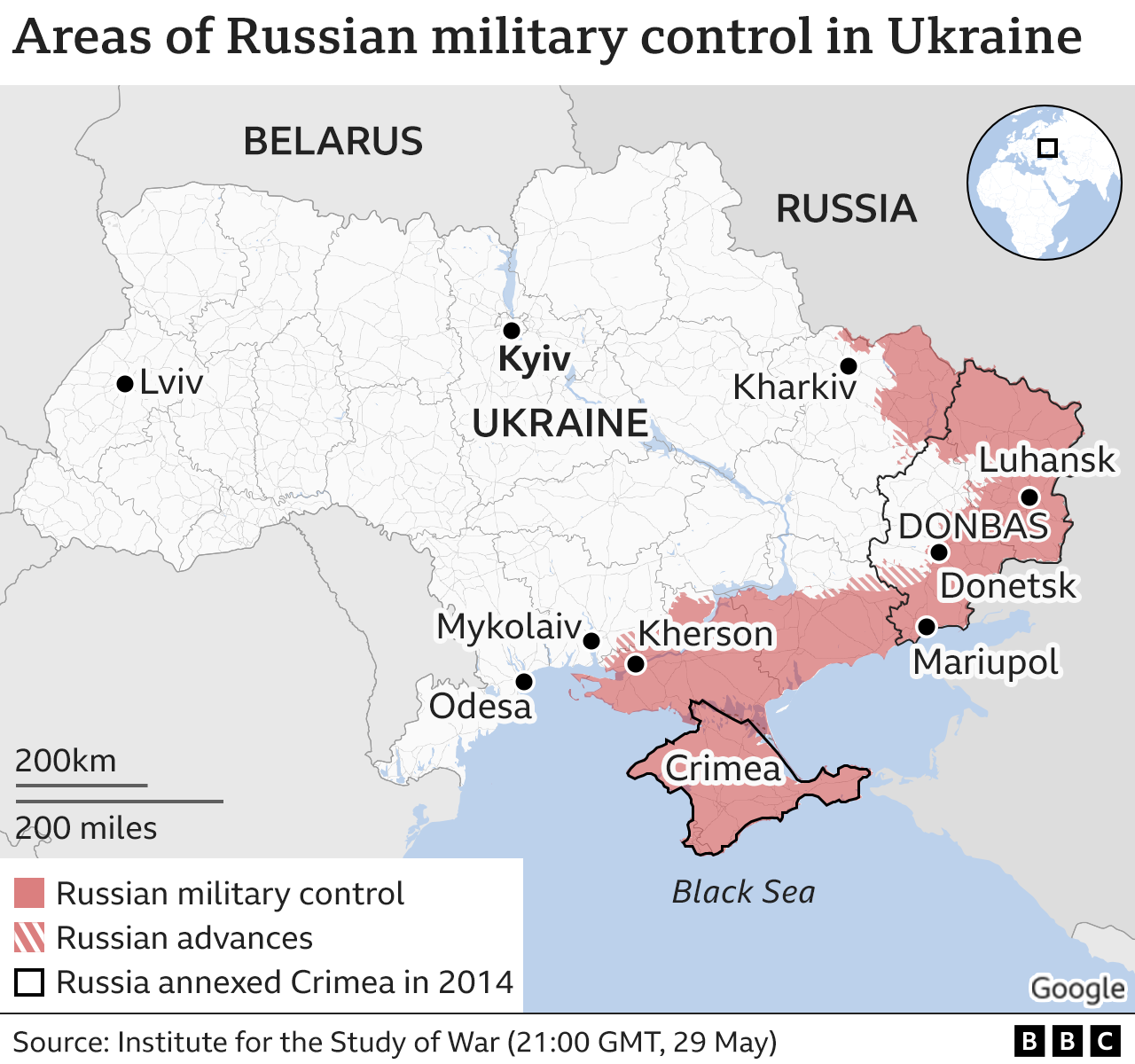 Map showing areas of Ukraine currently under Russian control, updated 29 May