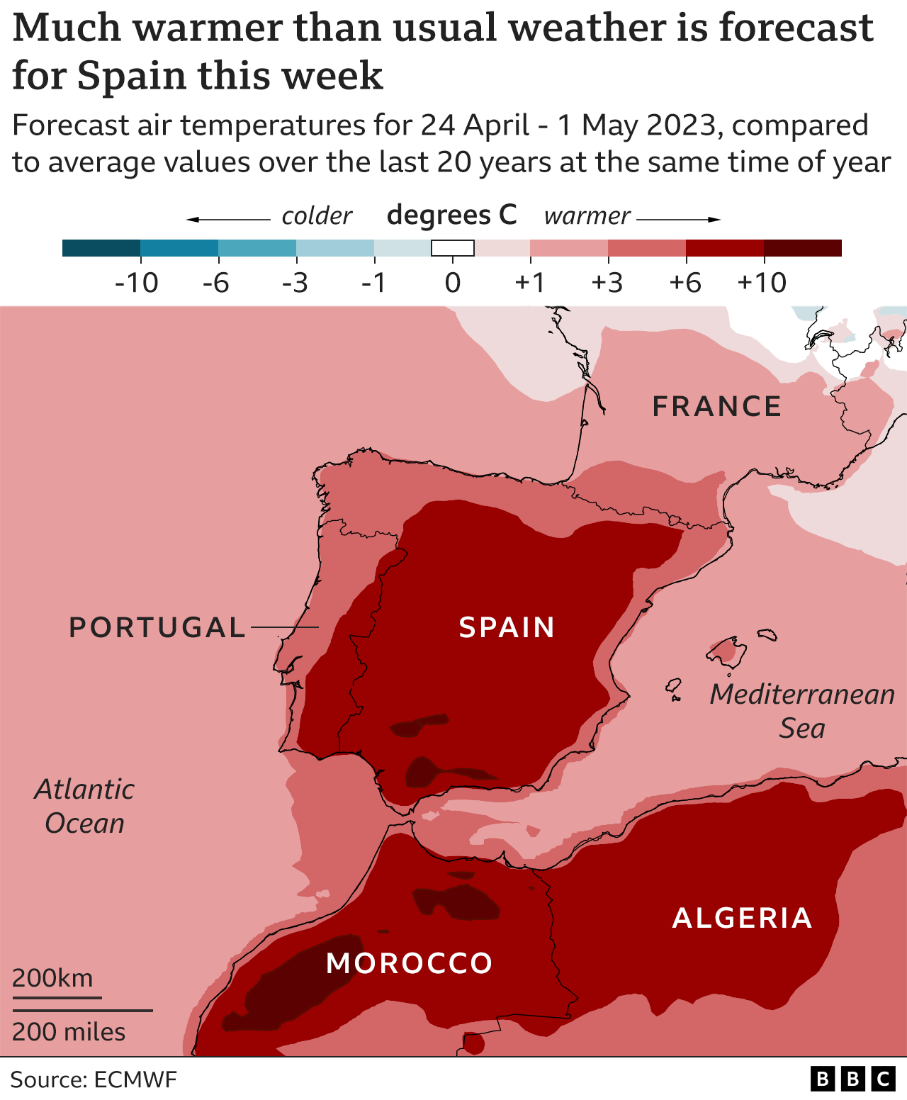 Карта, показывающая прогноз разницы температур над юго-западной Европой и северо-западной Африкой на неделю с 24 апреля по 1 мая по сравнению с последними 20 годами в то же время года. На большей части территории Испании от 6 до 10°C теплее, чем обычно, а в некоторых местах более 10°C. Температуры также особенно высоки на севере Марокко и севере Алжира и выше среднего по всему региону.