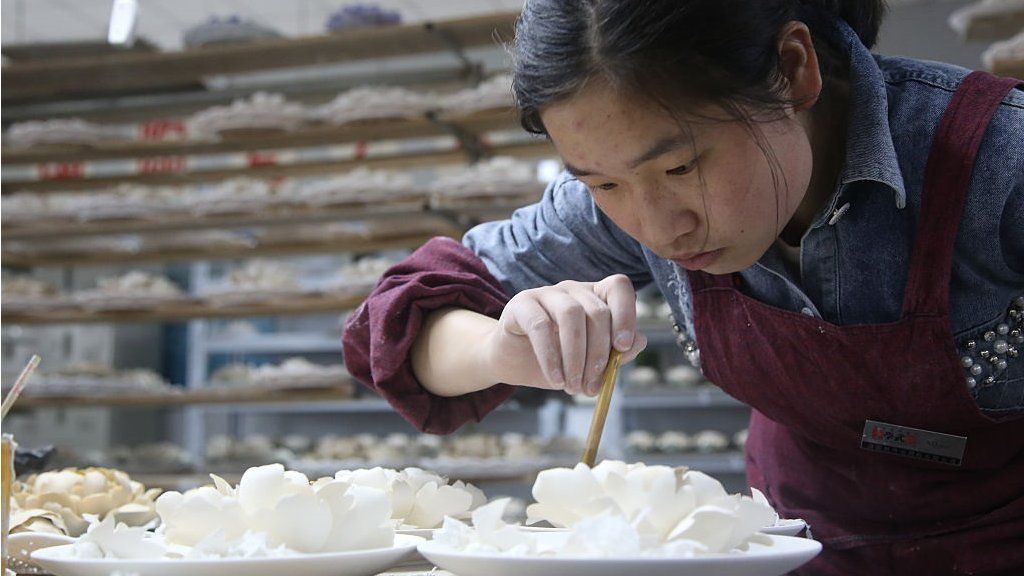 A female worker makes traditional handmade China about peonies in a factory in Luoyang, Henan province, central China.