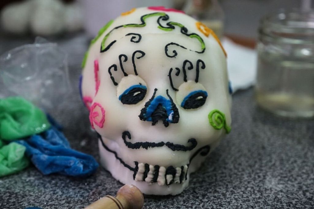 A typical skull made for Day of the Dead in Mexico, made out of a hollow mould of refined sugar