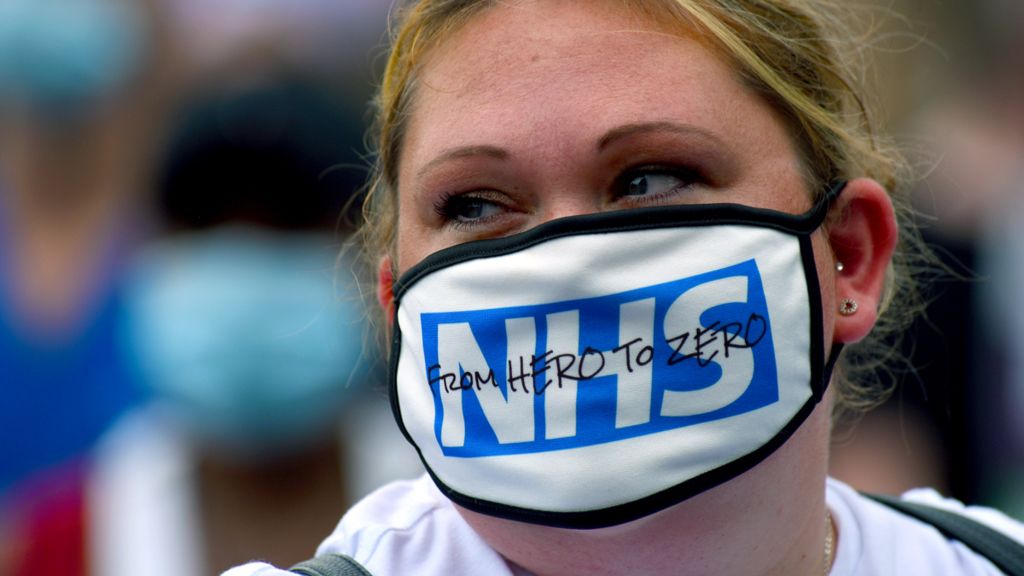 Nurse during a demonstration at No 10 Downing Street - protesting at being left out of a public sector pay rise on August 08, 2020