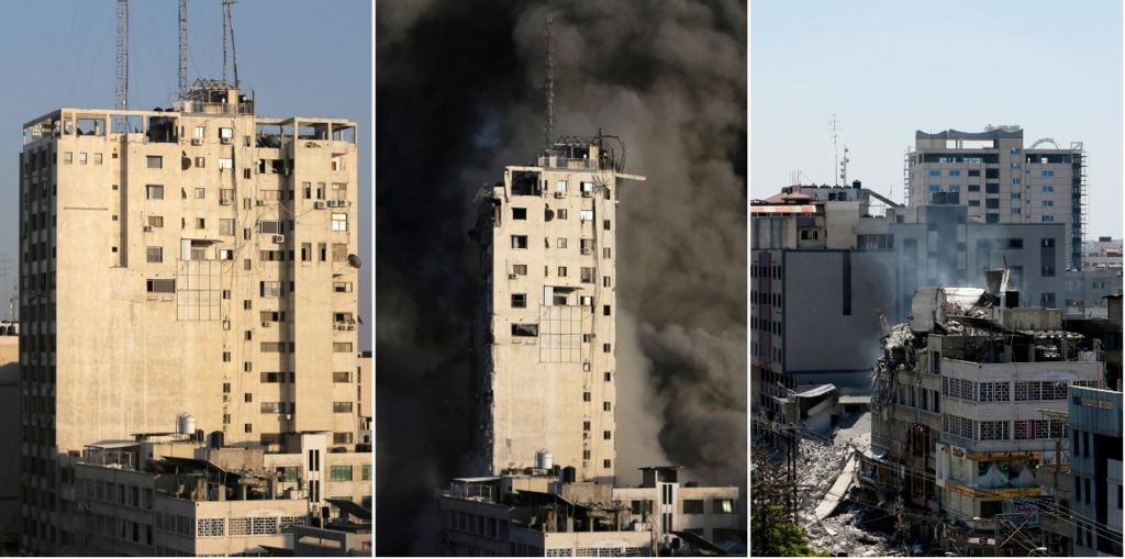 A combination picture shows a tower building in Gaza City on May 12, 2021 (L and C) and after it was destroyed by Israeli air strikes amid a flare-up of Israeli-Palestinian violence, May 13, 2021