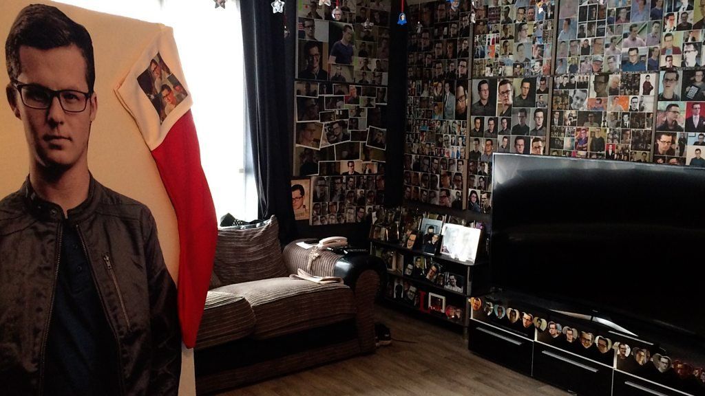 Shaun Smith's living room full of pictures of Ben Mitchell