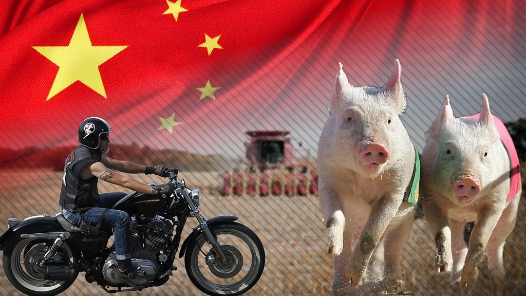 Composite image of a motorcycle, pigs, a Chinese flag and a farm in Iowa