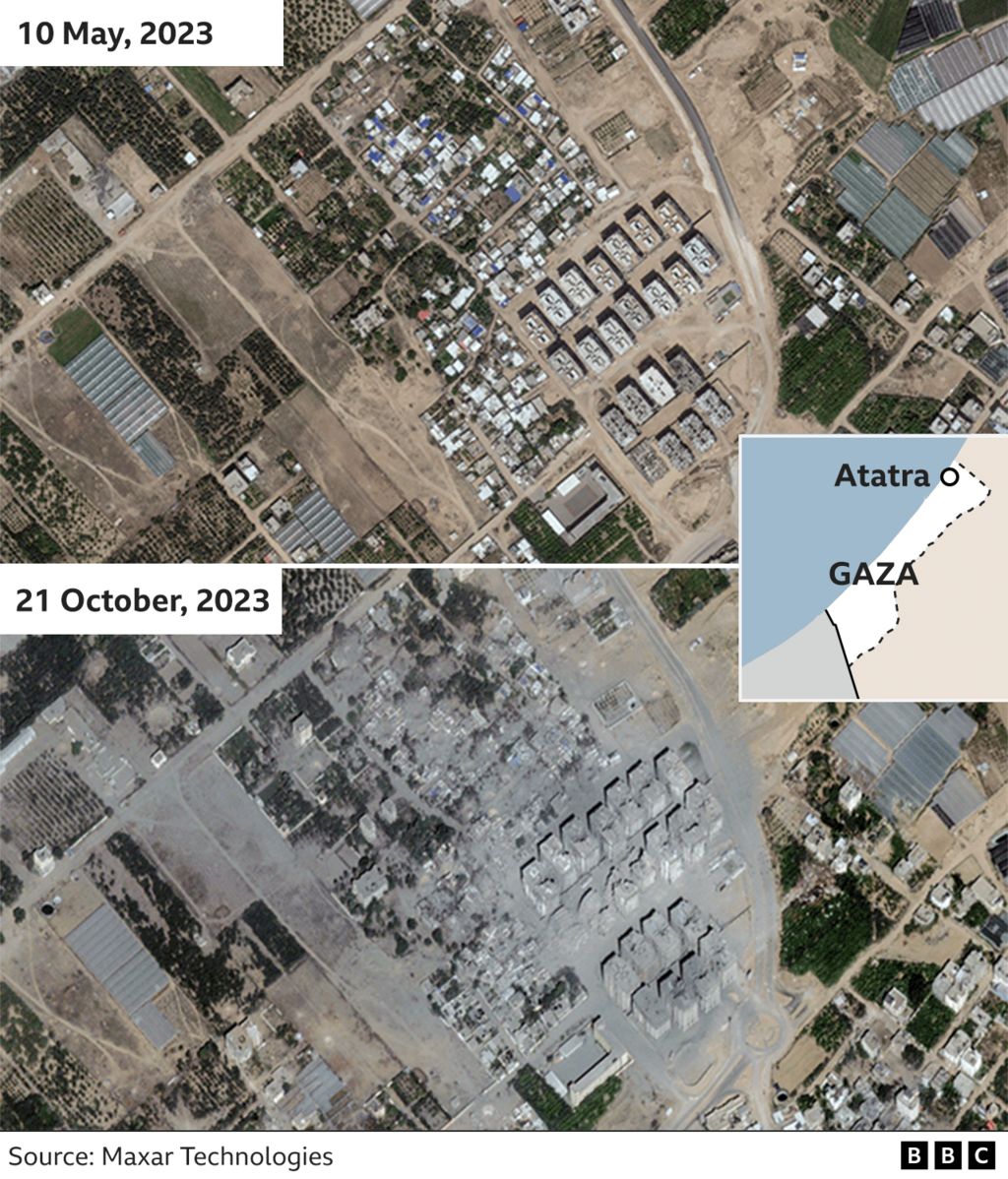 Спутниковые снимки Ататры в секторе Газа, показывающие местность до и после воздушных атак Израиля, в результате которых было разрушено несколько зданий