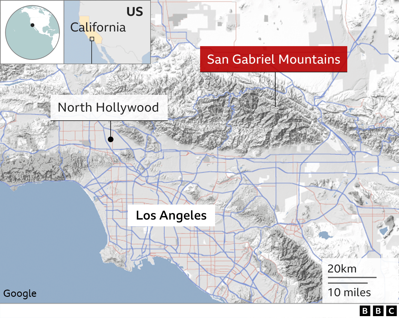 Mapa przedstawiająca góry i Los Angeles