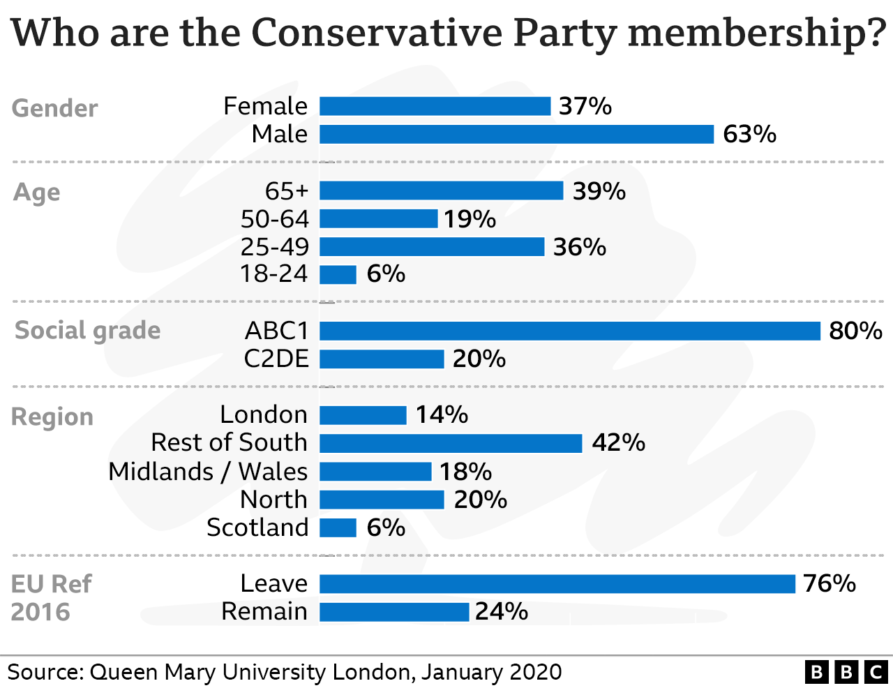 Chart showing the make-up of the Tory party by gender, age, class, region and whether they voted leave or remain in the EU referendum