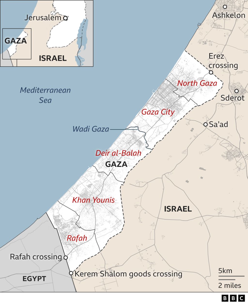 Map of Gaza showing locations of Gaza City, Khan Younis and the evacuation zone in the north, as well as Israel and Egypt