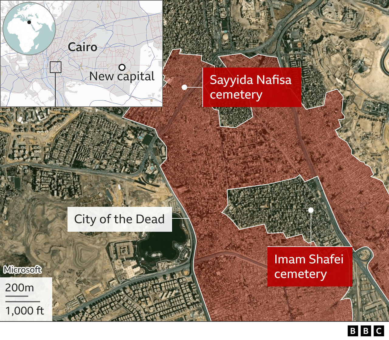 Χάρτης που δείχνει μέρος της Πόλης των Νεκρών του Καΐρου και τις τοποθεσίες των νεκροταφείων Sayyida Nafisa και Imam Shafei και πού βρίσκονται σε σχέση με τη νέα πρωτεύουσα