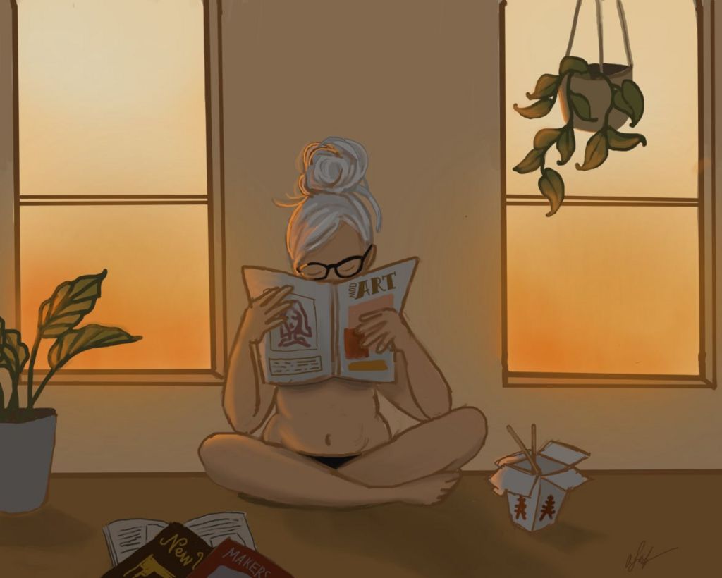A drawing shows a woman, sitting in underwear, browsing through an art magazine next to a takeaway carton