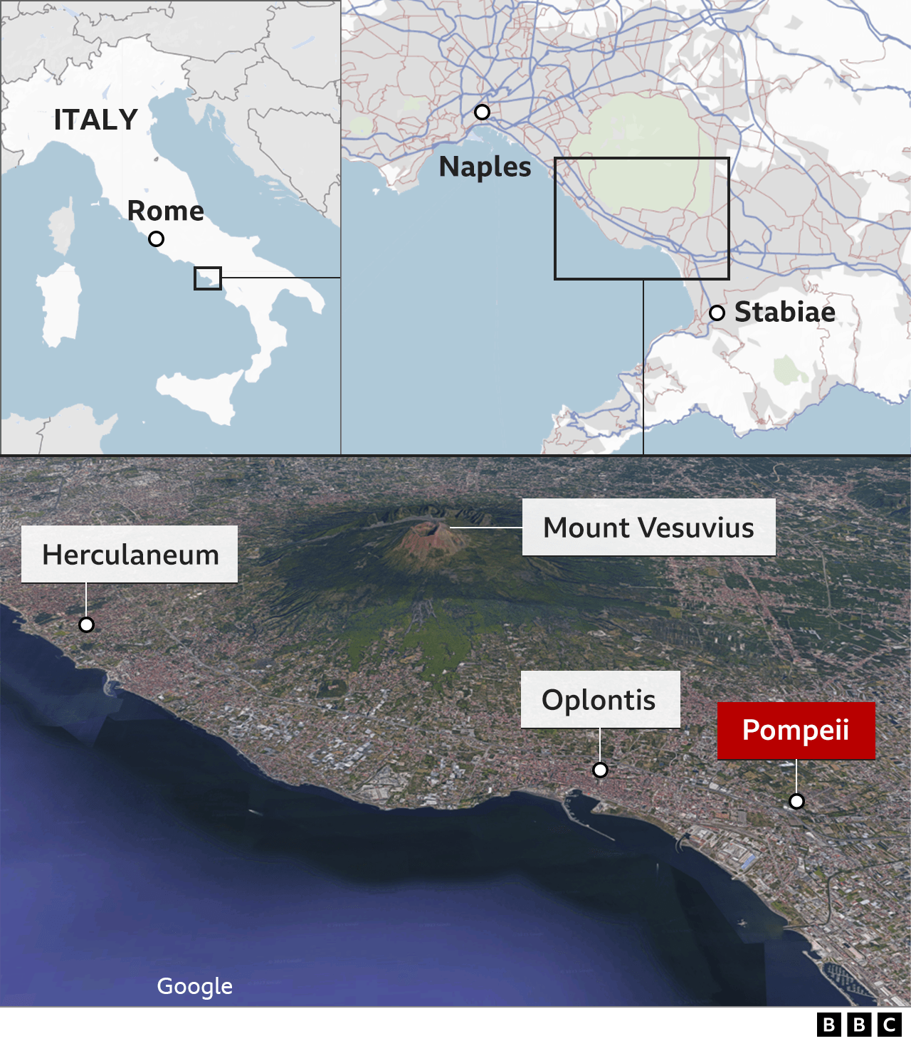 Map locating Pompeii near Naples in the south of Italy