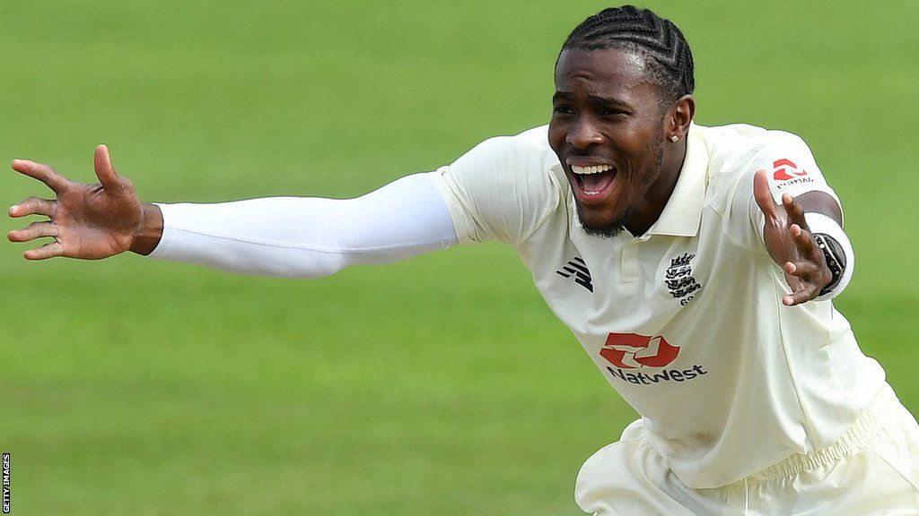 Jofra Archer appeals for a wicket during a Test for England
