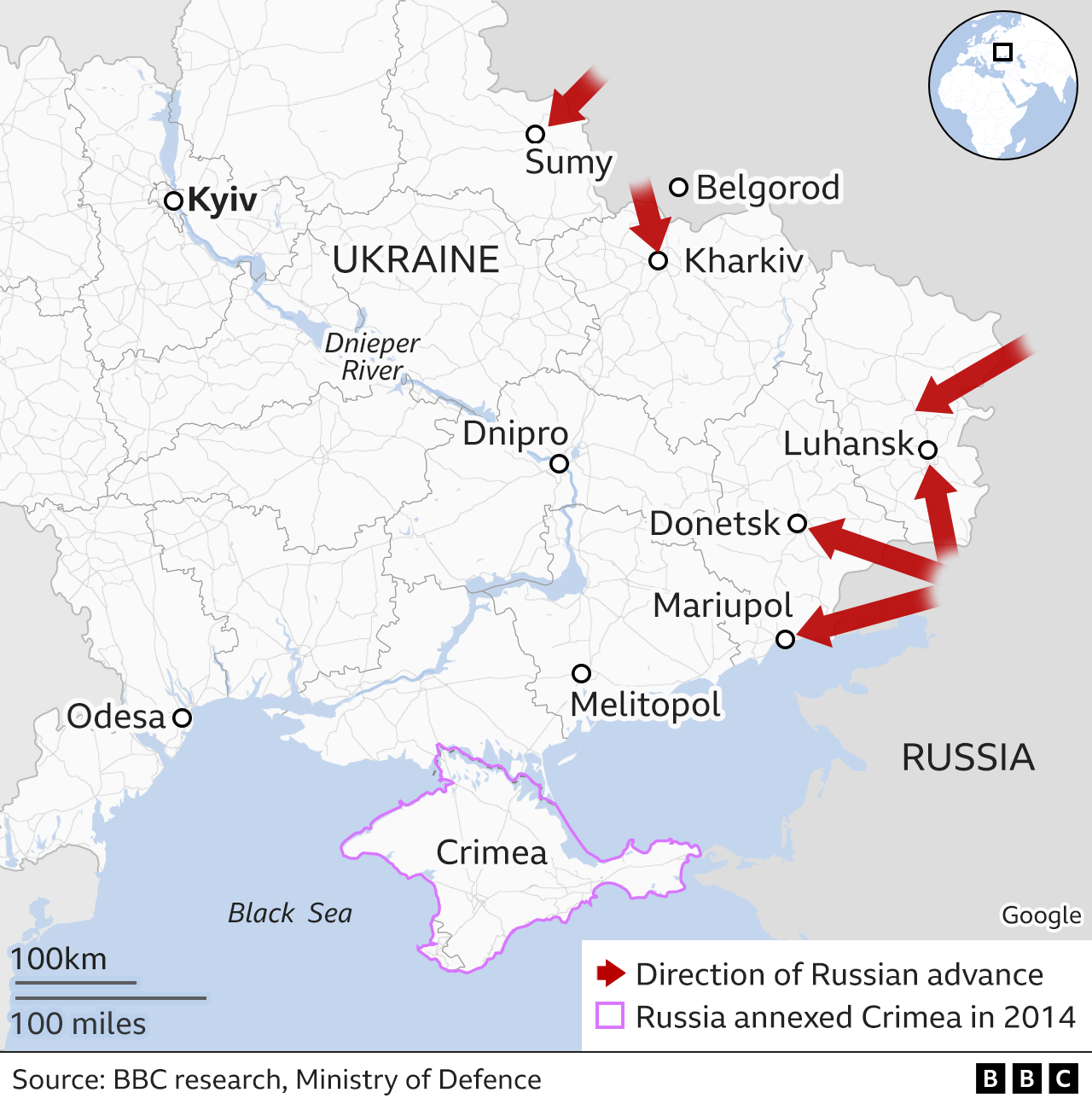 Map showing Russian advance from east