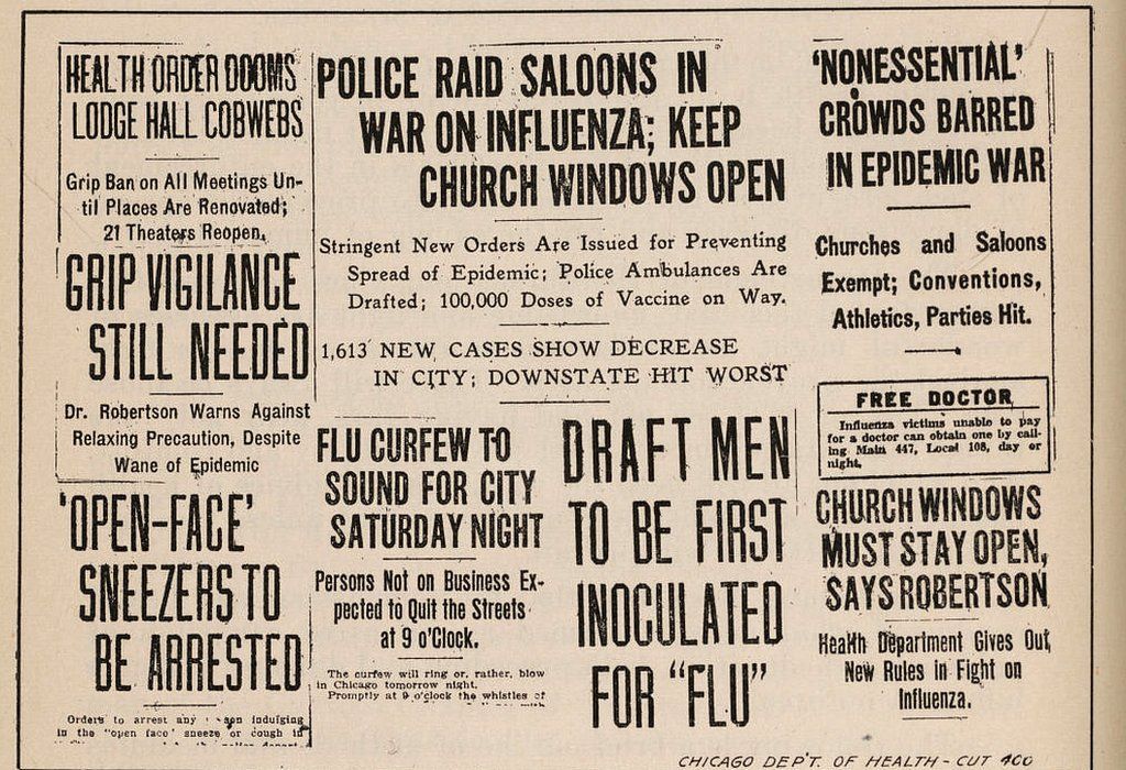 Titulares de periódicos de Chicago relacionados con la pandemia de gripe española