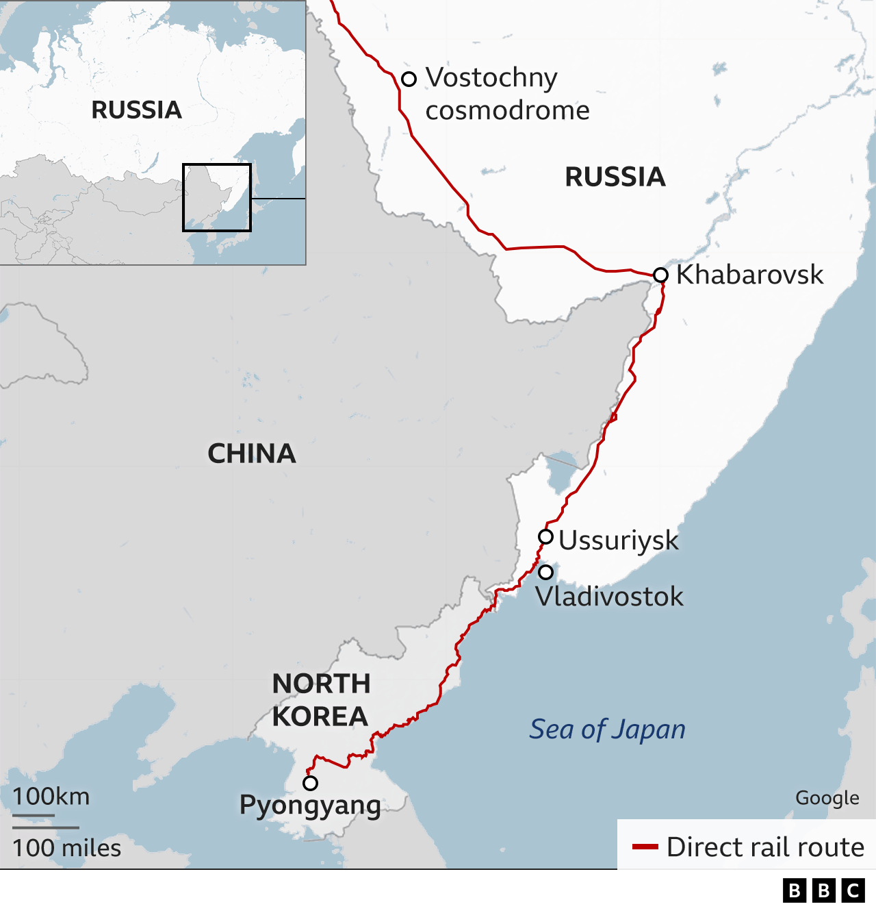 Карта, показывающая прямой железнодорожный маршрут из Пхеньяна в Северной Корее через Дальний Восток России в Восточный.