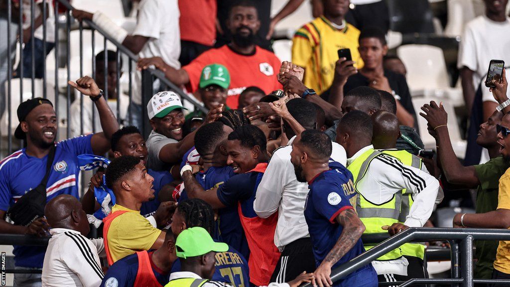 Cape Verde players celebrate Garry Rodrigues' winner against Ghana