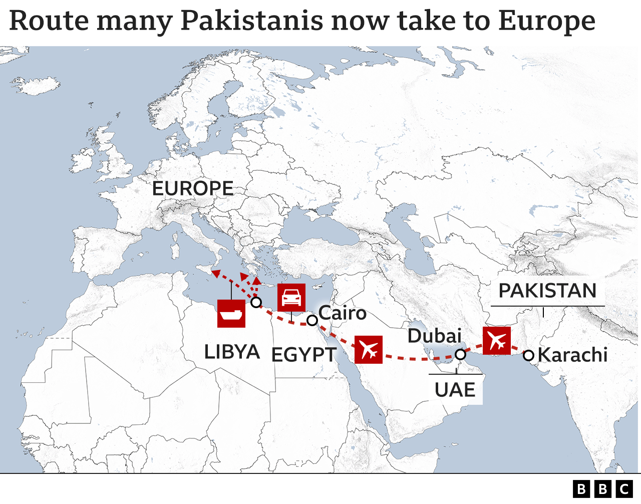 Map shows the route that people are taking from Pakistan in order to reach Europe