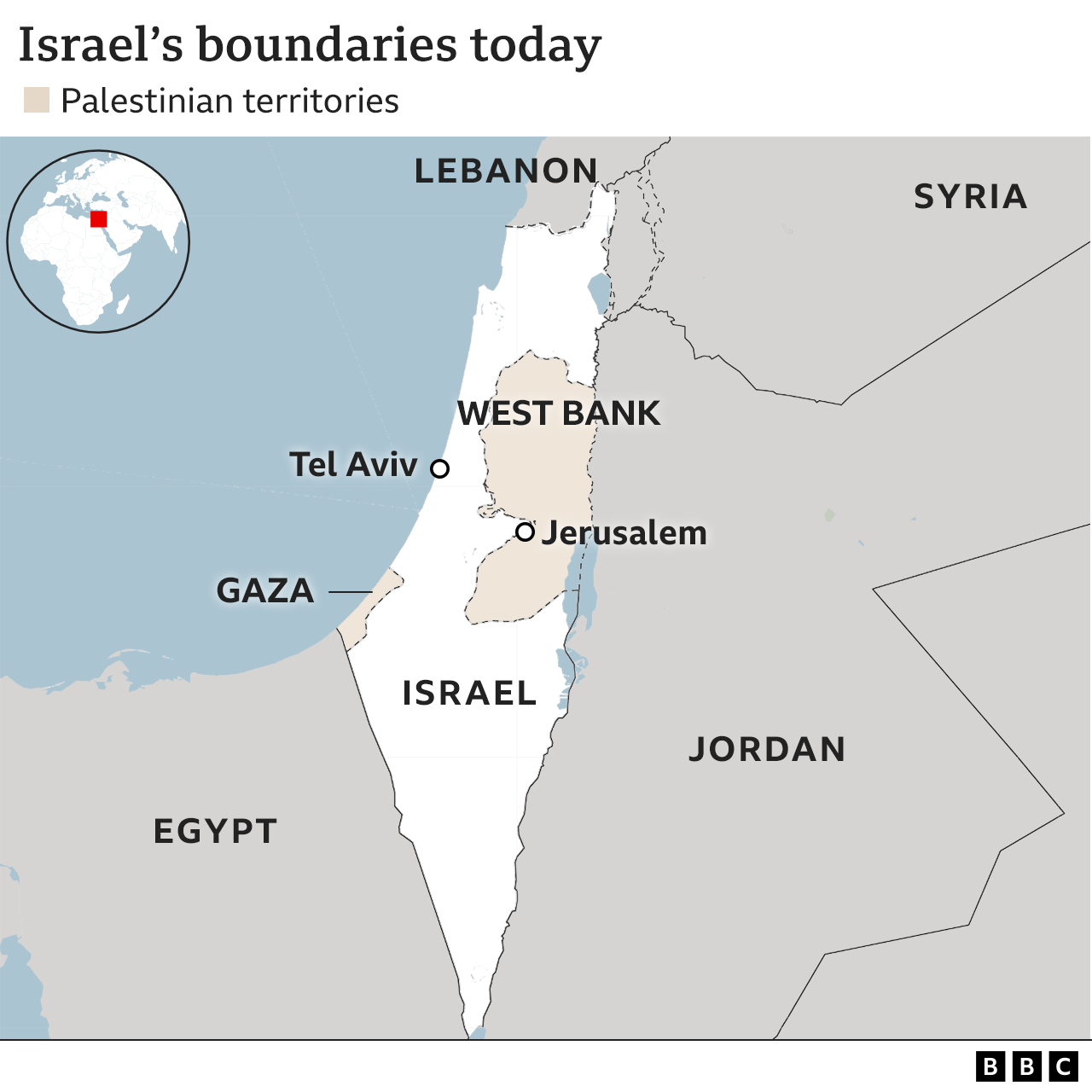 Map showing Israel's boundaries today and Palestinian territories