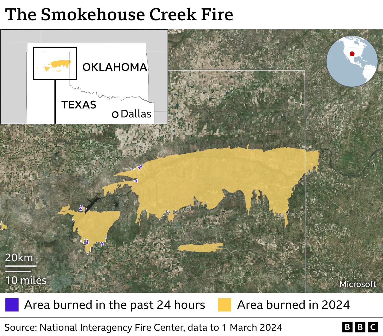 Map showing how much of Texas has burnt so far in 2024 and highlighting the area burnt in the past 24 hours