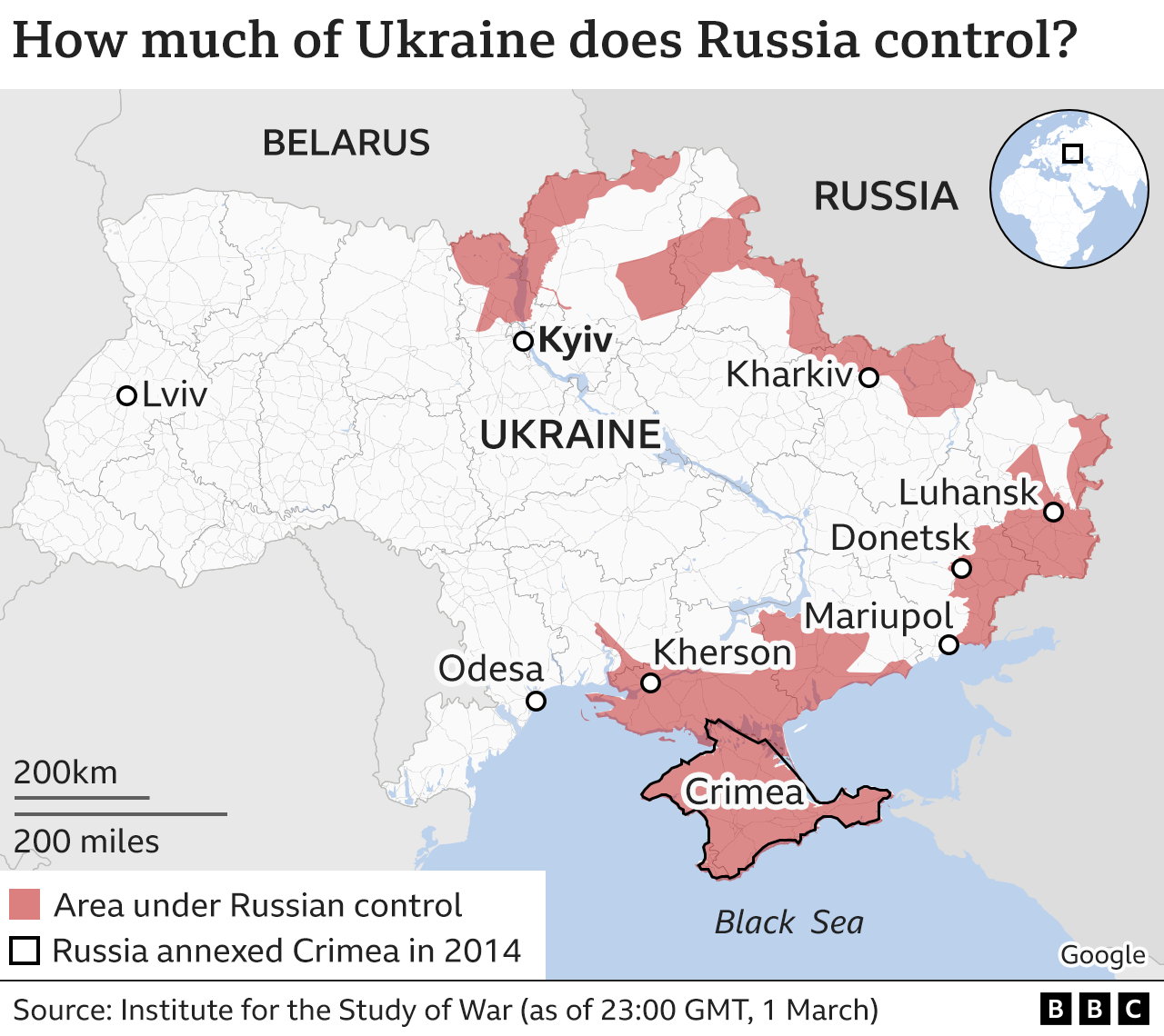 Map showing areas of Ukraine that are under Russian control