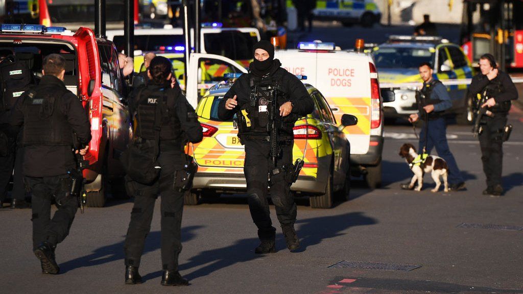 Police gather after reports of shots being fired on London Bridge, London, 29 November 2019