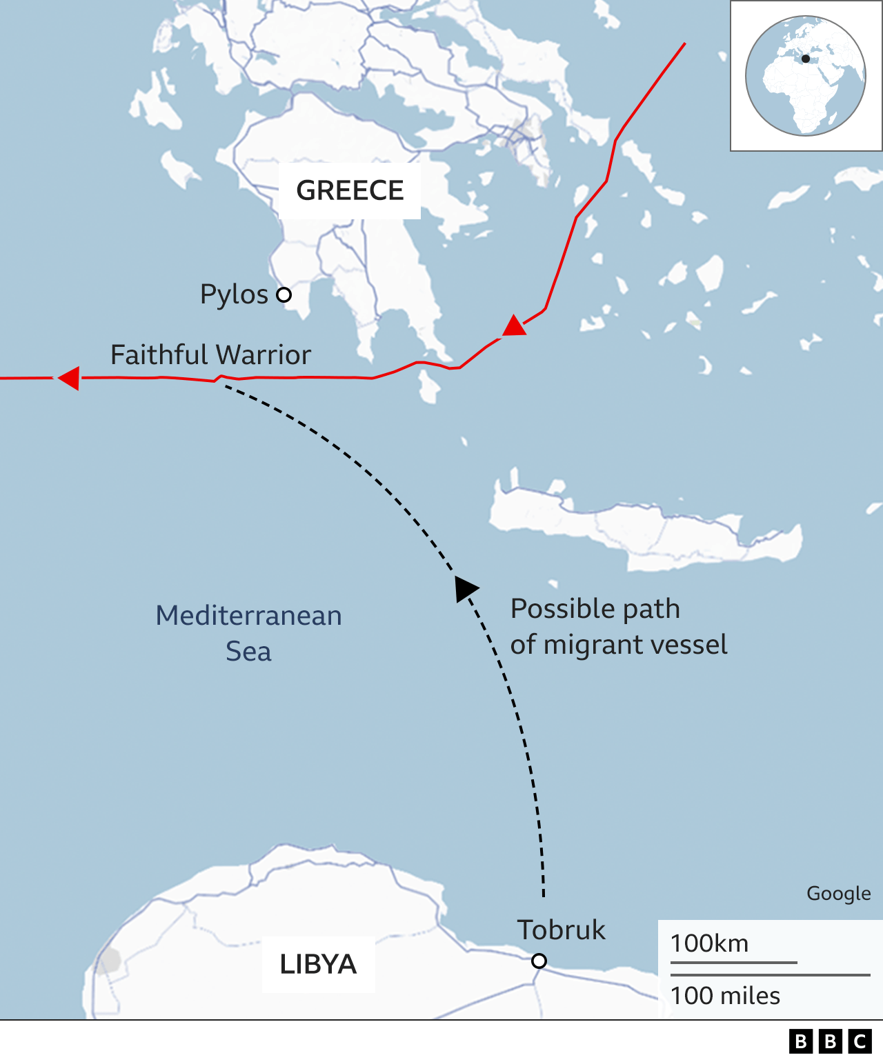 A map of a section of the Mediterranean Sea showing the possible route taken by the migrant boat off the coast of Libya, near the city of Tobruk. The possible route shows the last approximate location of the boat before it sunk and the path taken by the Faithful Warrior, which had made contact with the boat. Also shown is the Greek port city of Pylos..